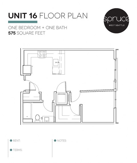Floor plan for 1 bed, 1 bath, 575 sqft